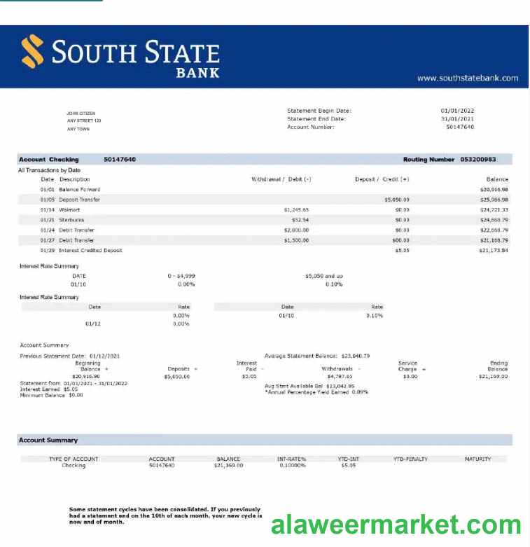 USA South State Bank statement Word and PDF template w